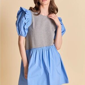 English Factory Size Large Mixed Media Gray and Blue Puff Sleeve Short Dress